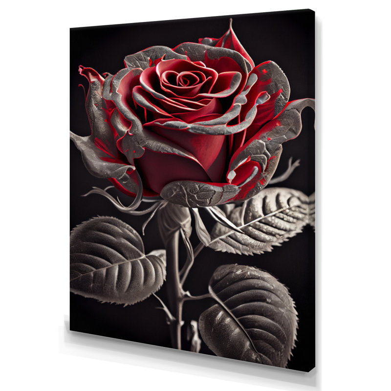 «Blossoming Rose» en rouge et gris I - art mural sur toile florale, H 20 po x l 12 po x P 1 po, Toile tendue