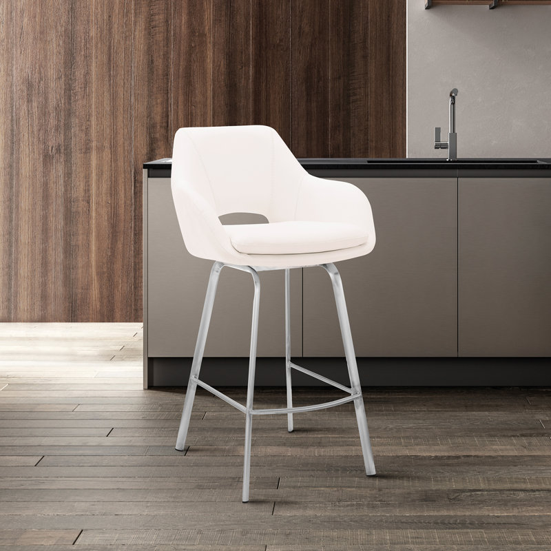 Aule Swivel Counter or Bar Height Barstool with Arms and Footrest, White, Brushed Stainless Steel