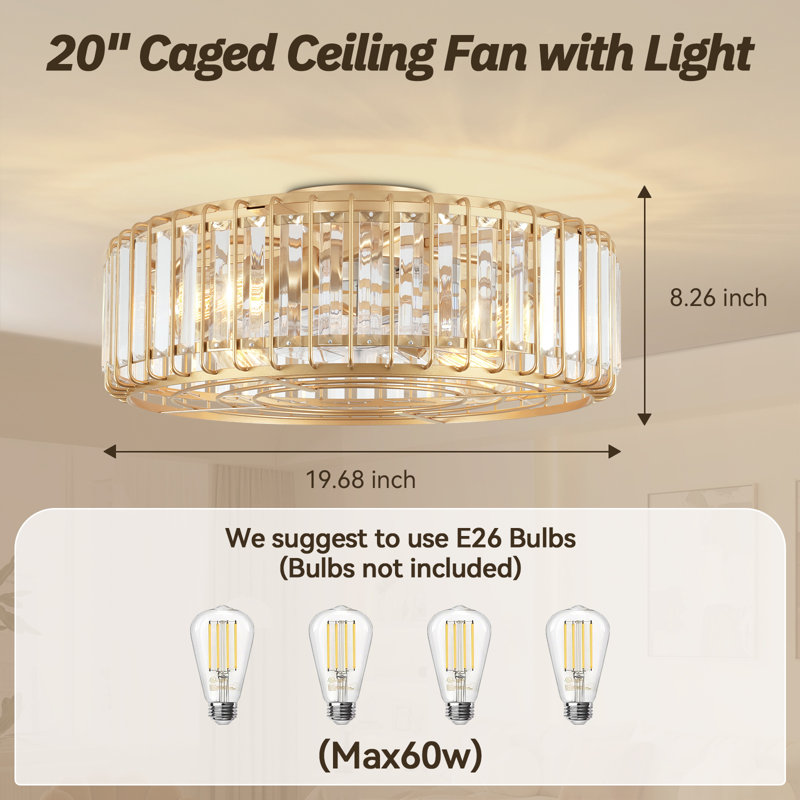 20" Crystal Caged Ceiling Fan with Light Kit, Gold Finish, 7 Blades, Remote Control, Reversible DC Motor for Dining Room Bedroom living Room