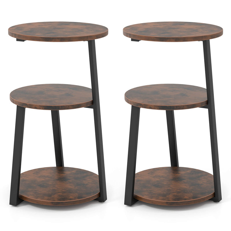  Table d'appoint ronde à 3 niveaux avec structure en métal et table de chevet réglable, Ensemble de 2