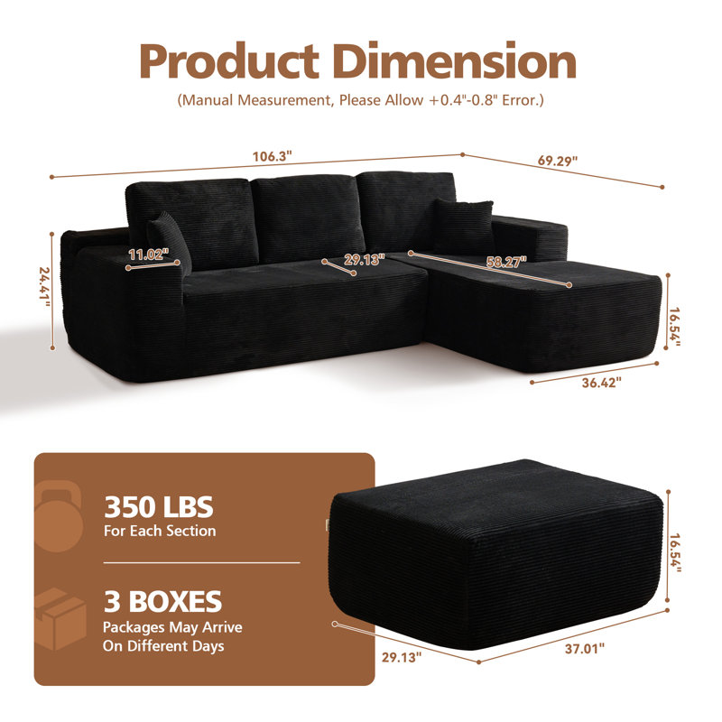 Seren Boneless 106" Modular L-shaped Sectional Sofa With Ottoman, No-assembly Cloud Couch, Boneless Design For Modern Living