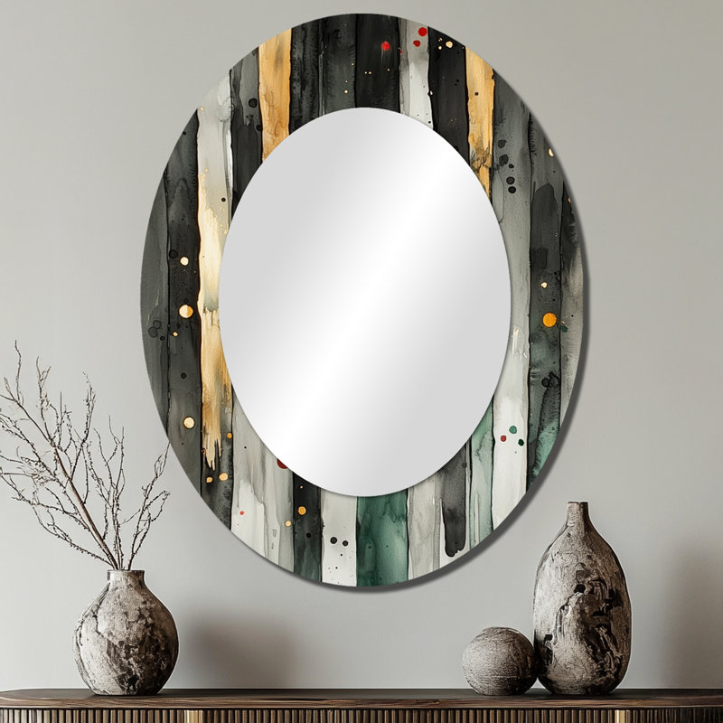 Gold Green Ethereal Optical Currents I - Large Oval Wall Mirror On Metal, 40" x 30"