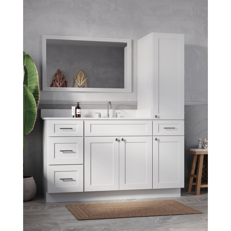 Disar 60'' Single Bathroom Vanity With Right Linen Tall Cabinet Dovetail Solid Wood Drawer Carrara Quartz Top, White