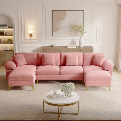 Canapé modulaire en chenille en U 114 po avec méridienne et pieds dorés
