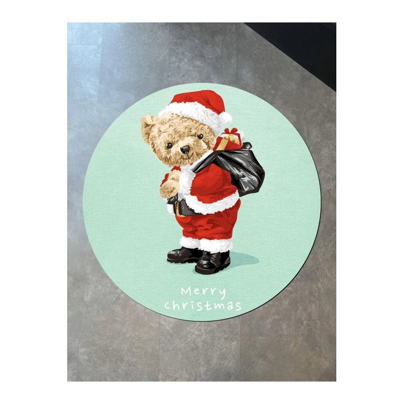 Turquoise New Year Themed Santa Claus Bear Patterned Modern Woven Base Round Decorative Carpet, Round 4'