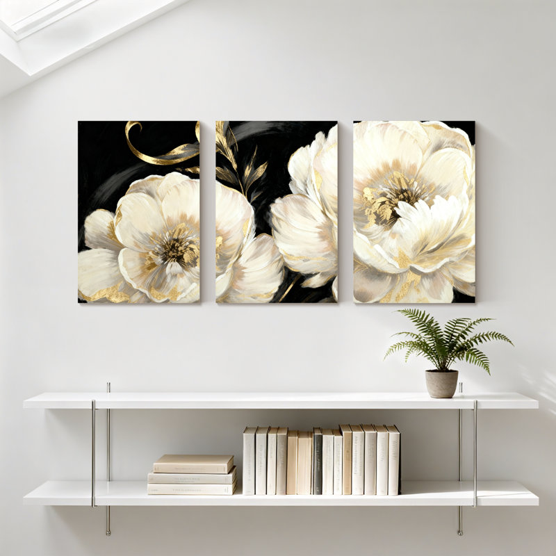 Pivoine fleurs blanches avec accents dorés sur fond noir, ensemble de 3 impressions sur toile, H 18 po x l 36 po