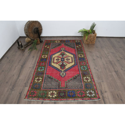 Vintage Wool Patchwork Rug, 1.5 x 2.6 Ft Red Area Rug