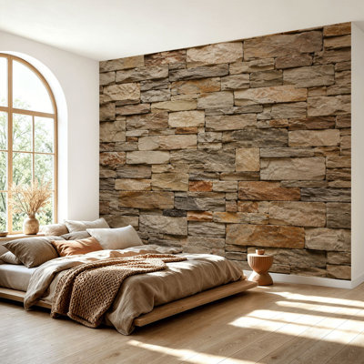 Wall Mural Peel and Stick Wallpaper Rustic Stacked Stone Wall Earth Tones Self-Adhesive Removable Contact Paper Wall Decor for Living Room Bedroom 69"H x 96"W