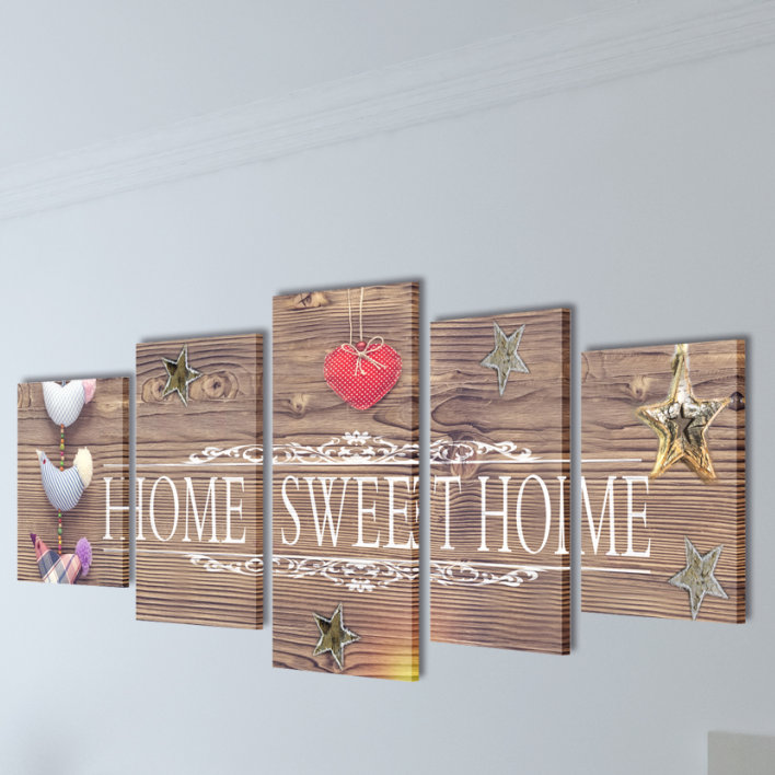 Home Sweet Home - 5 Piece No Frame Print on Canvas, 50cm H x 100cm W x 1.8cm D