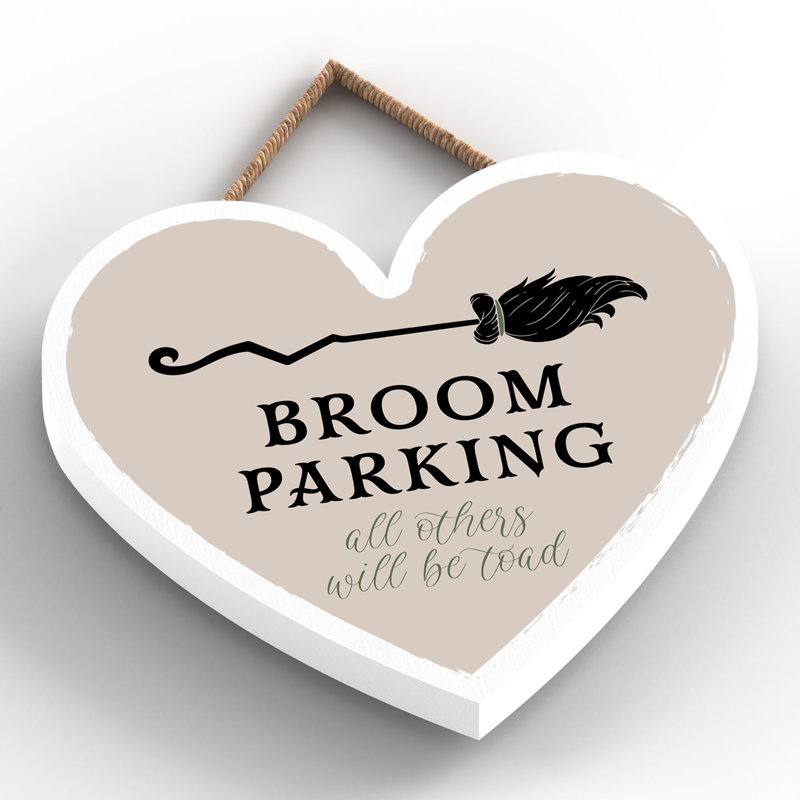 Witch Broom Parking Wooden Heart Plaque, 10cm H x 9cm W x 0.5cm D
