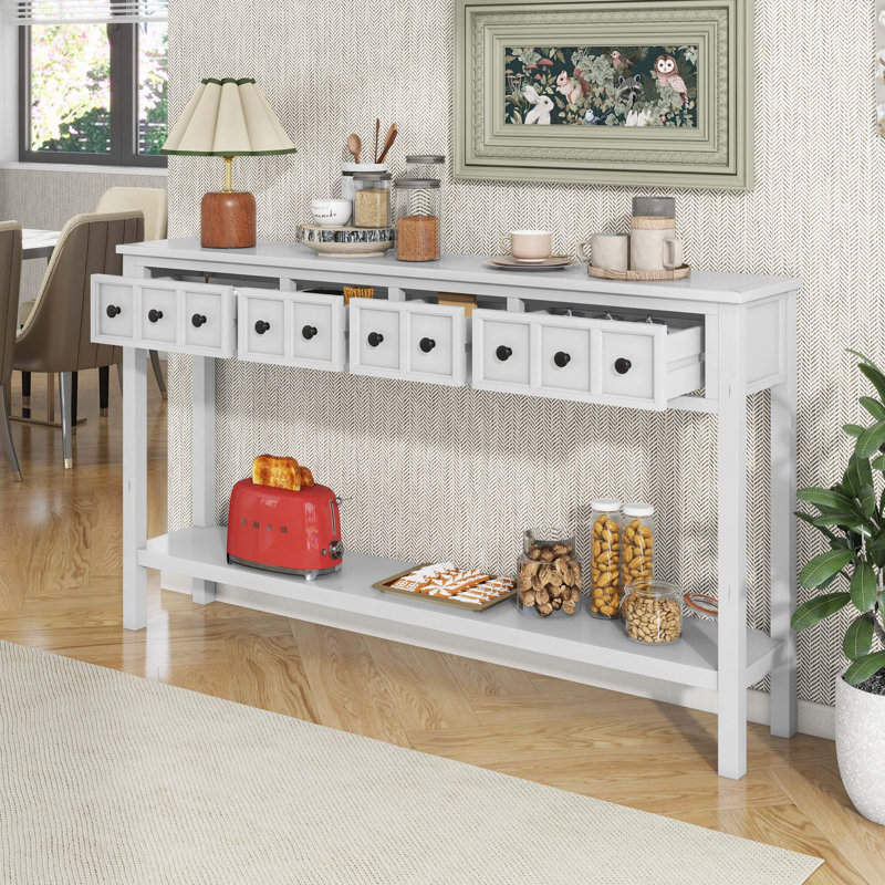 Wood Console Table with two Different Size Drawers, Bottom Shelf, Antique White