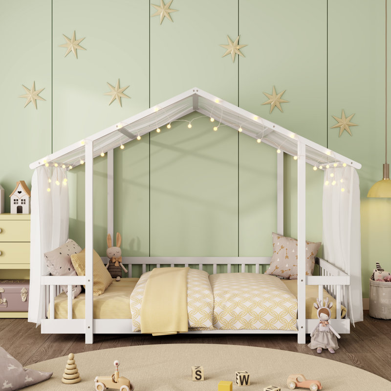 Lit plateforme à baldaquin pour lit simple avec baldaquin en tissu transparent et guirlande lumineuse, blanc, Blanc