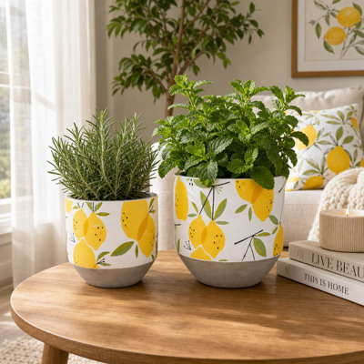 Culliton Cement Pottery Lemon Print Planters - 7" & 6" - Yellow, White & Gray - Indoor/Outdoor Garden Decor - Set of 2