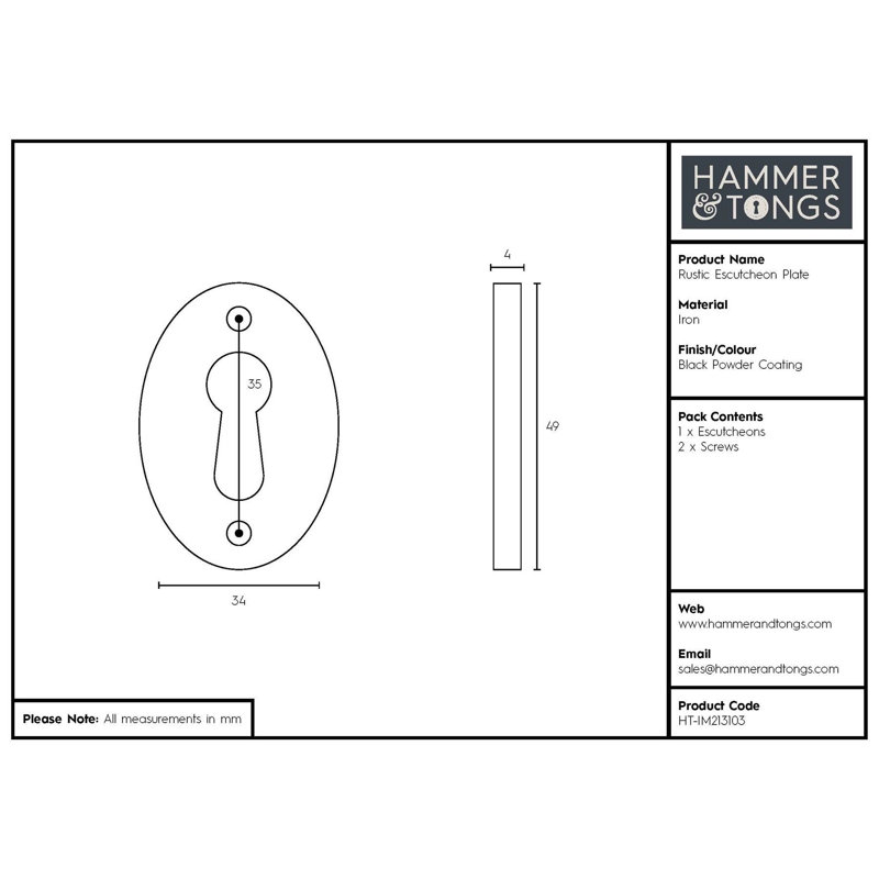 Hammer & Tongs - Rustic Escutcheon Plate - W35mm x H50mm - Black