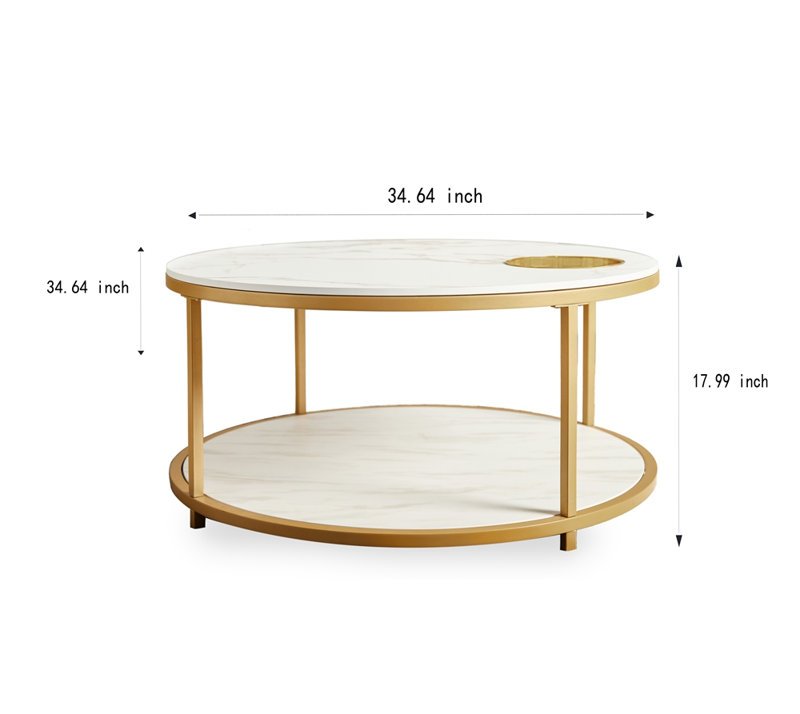 Table basse ronde blanche et dorée, table basse de salon de 34,64 pouces, plateau de table simple à deux couches avec supports de rangement et plateaux de rangement, mobilier de maison moderne