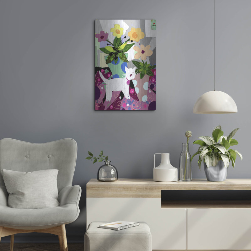 Art mural en métal «White Kitty and Flowers» par Holly McGee par Red Barrel Studio®, H 24 po x l 16 po
