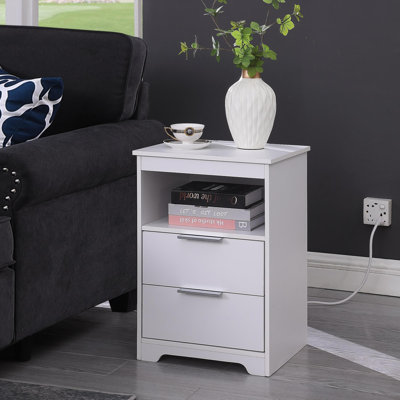 Table de chevet avec station de charge, table de bout à 2 tiroirs, table de bout en bois avec tiroir et tablette d'ouverture, table d'appoint pour chambre à coucher, blanc