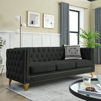 Modern Sofa Velvet Sofa For Living Room,Buttons Tufted Square Arm Couch, Couch Upholstered Button And Metal Legs, Sofa Couch