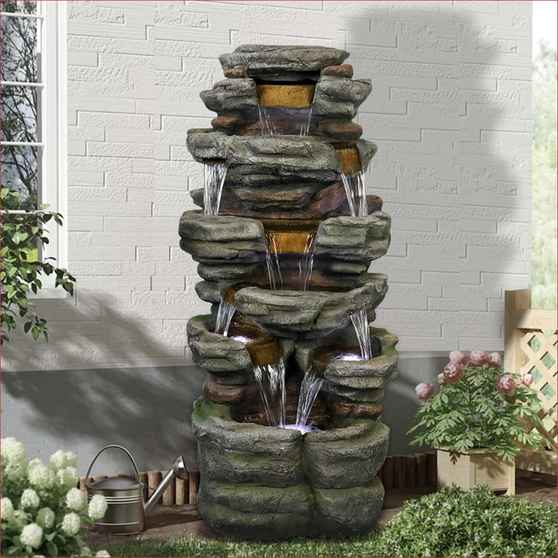 Fountains | 47.2" 6-Tier Cascading Outdoor Water Fountain for Garden Patio | Slate Gray | Resin