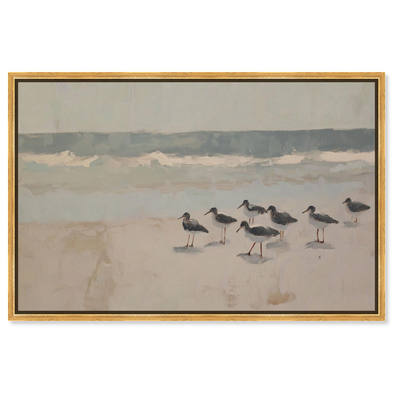 «Seagulls at the Beach II», art côtier par Art Remedy, H 11 po x l 16 po, Cadre flottant doré