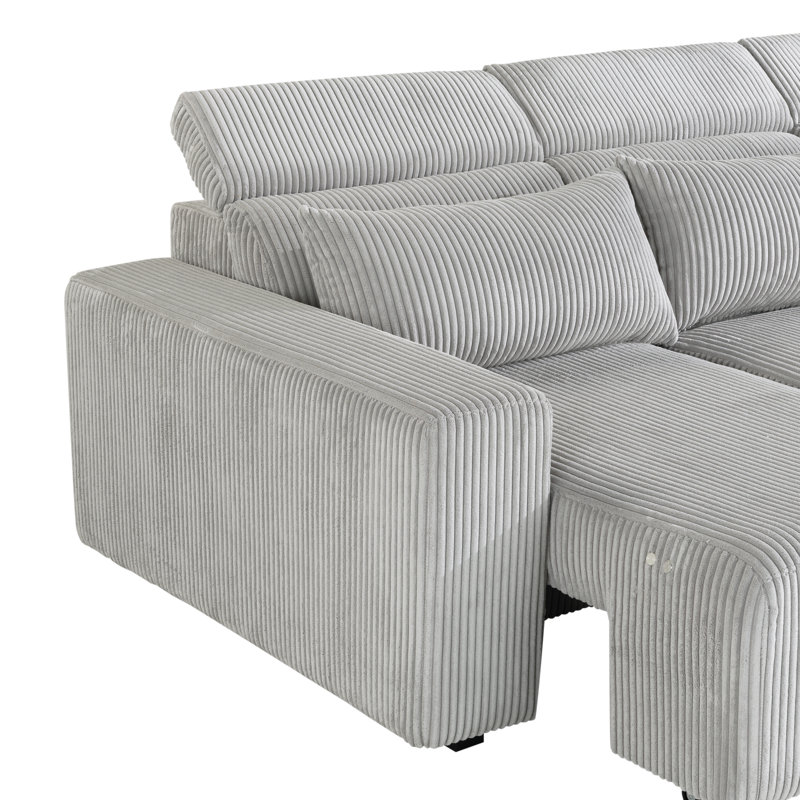 Gray Corduroy Fabric Power Reclining Sectional Sofa