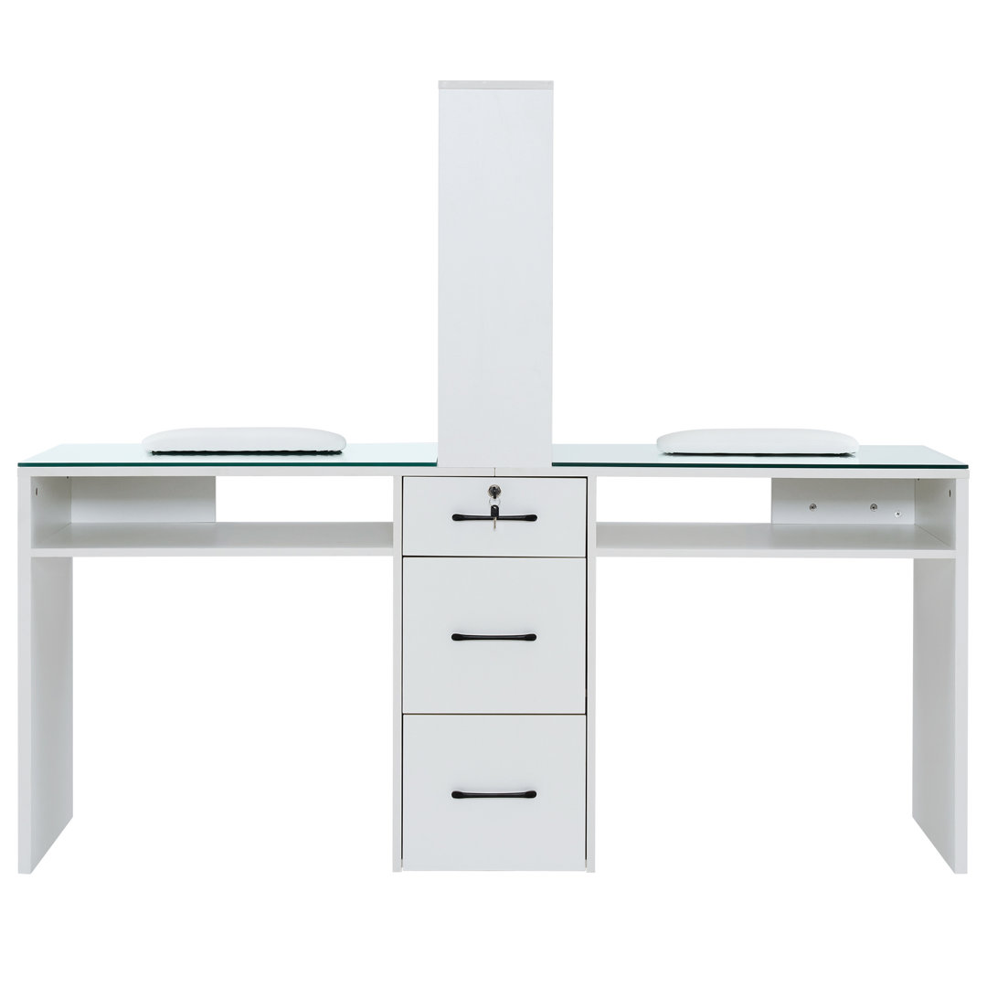 71.7'' Wide Double Position Nail Desk with Glass Top, Locking Drawer and Storage Shelf Latitude Run® 