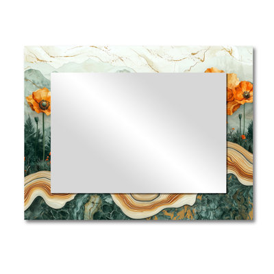 Poppies Flowers On A Top Of Emerald Stones I - Floral Accent Wall Mirror - Printed On Metal