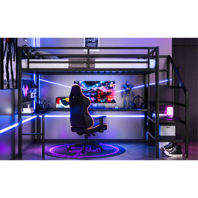Lit mezzanine double en métal pleine grandeur noir avec tablette réglable, garde-robe à DEL et escalier de rangement, escalier, espace de travail spacieux