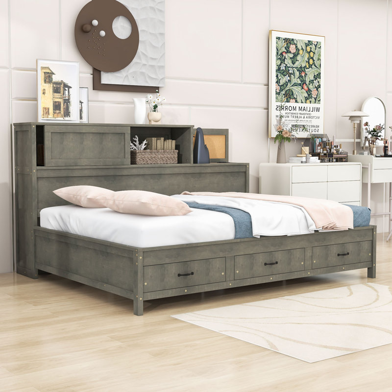 Kisor Wood Platform Bed with USB charging ports and outlets and Drawers, Full, Gray