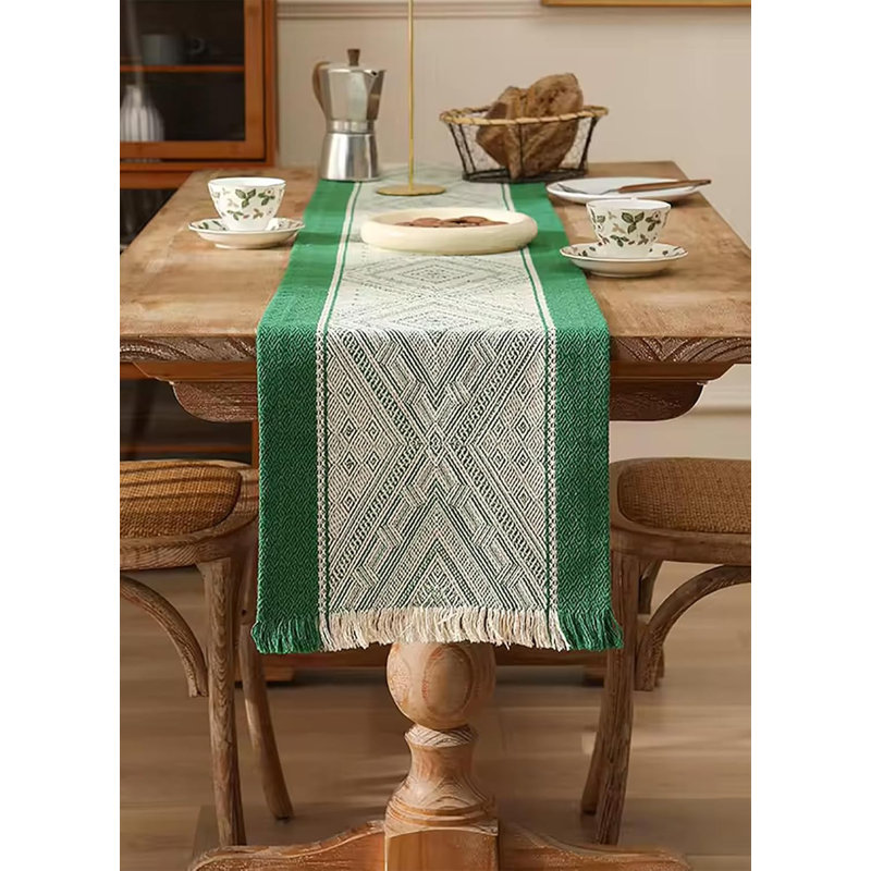 Emerald Geometricdiamond Weave Fringe Cotton Blend Table Runner 14" W, Emerald, 14" W x 60" L