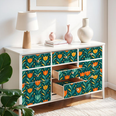 Papier peint auto-adhésif à motif floral tulipe coloré vert foncé auto-adhésif et amovible 17,7 po x 118 po (45 x 300 cm)