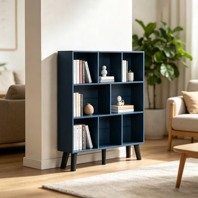 Bibliothèque moderne à 3 niveaux avec pieds, tablette de présentation autoportante en bois, bibliothèque à 8 cubes