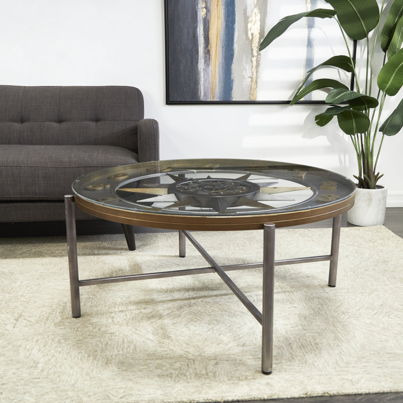Quinneshia Metal Compass Inspired Silver Coffee Table with Gear Details