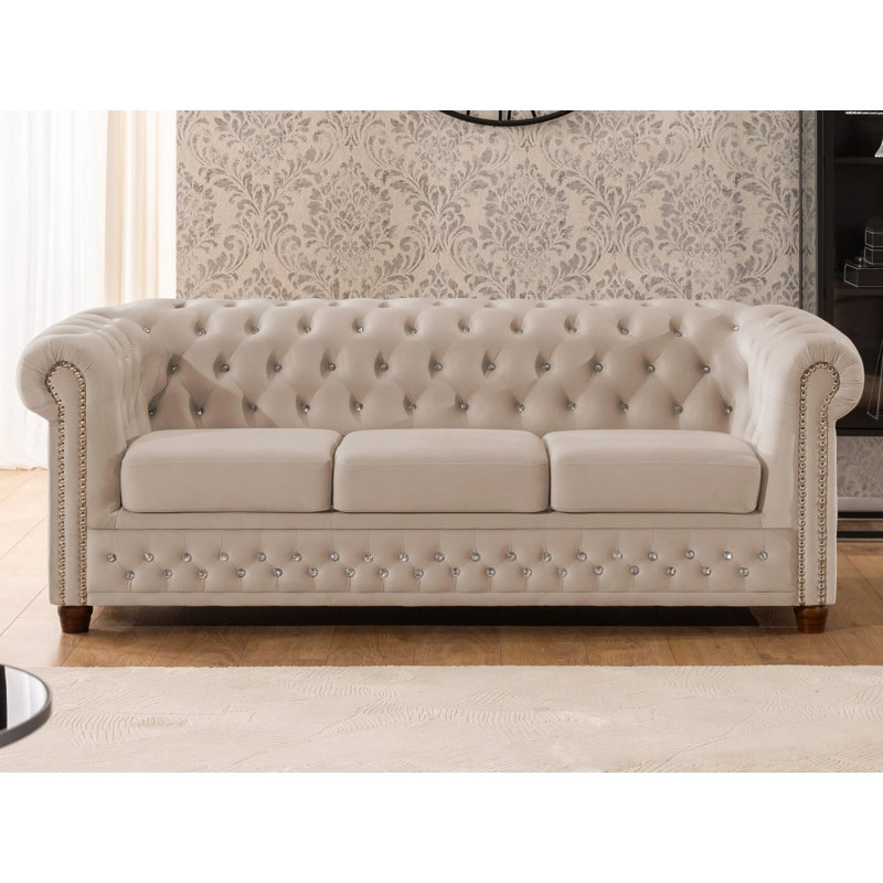 Cleo Blink 2 Piece Velvet Chesterfield Living Room Set, Beige