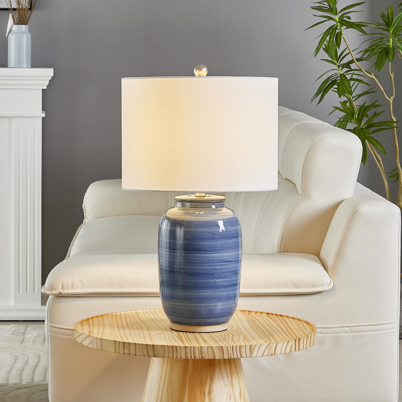 Carmeletta 25" Blue Modern Coastal Ceramic Table Lamp with White Linen shade, Blue