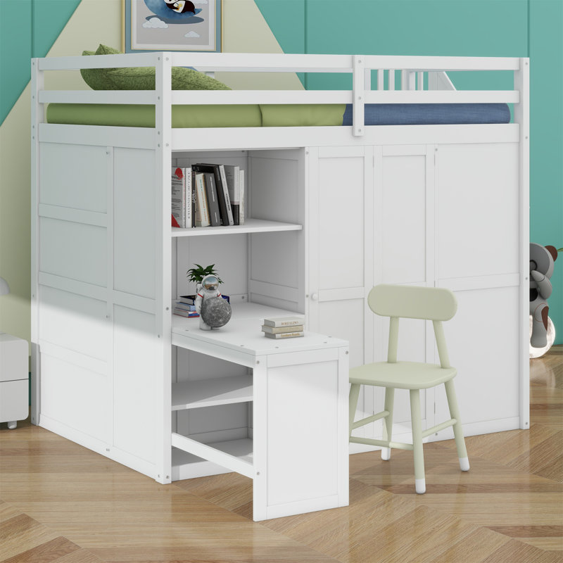 Lit mezzanine avec garde-robe, bureau et tablettes, Blanc