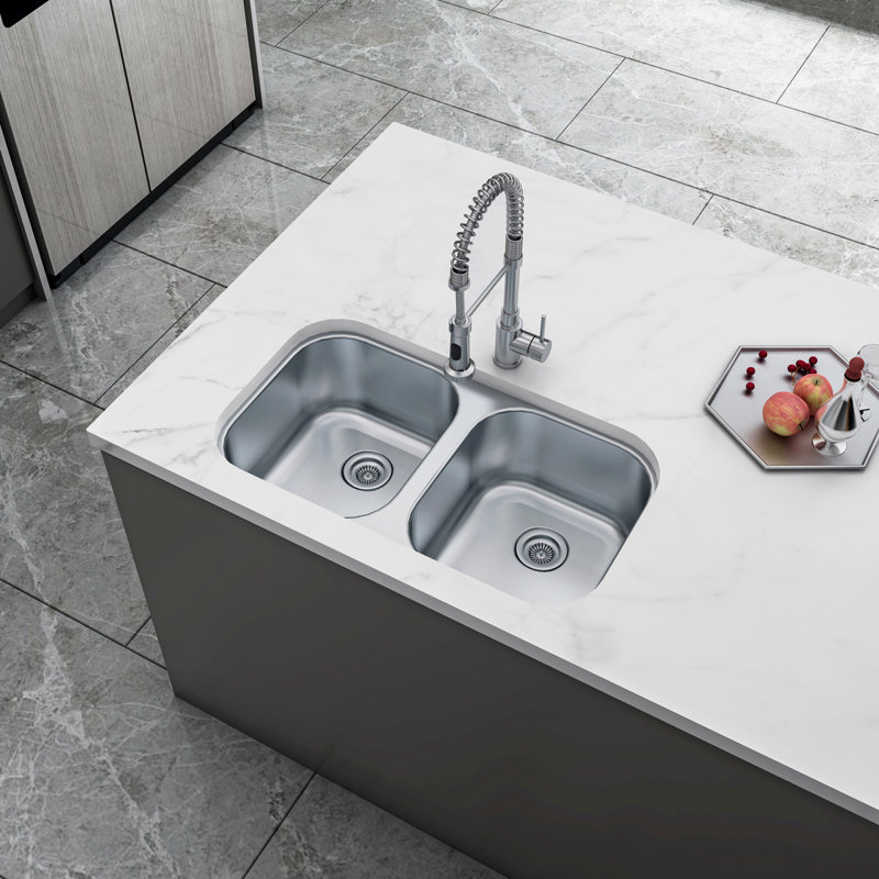 Évier de cuisine à double cuve encastrable 32 po x 18 po avec finition en acier inoxydable 304 de calibre 18 Sinber