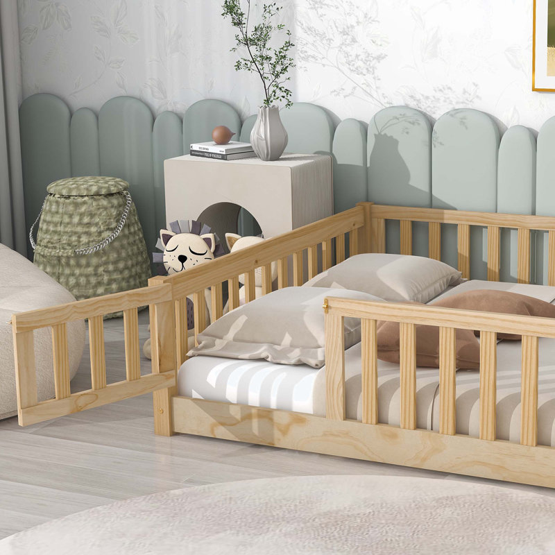 Floor Platform Bed with Fence Guardrails and Door