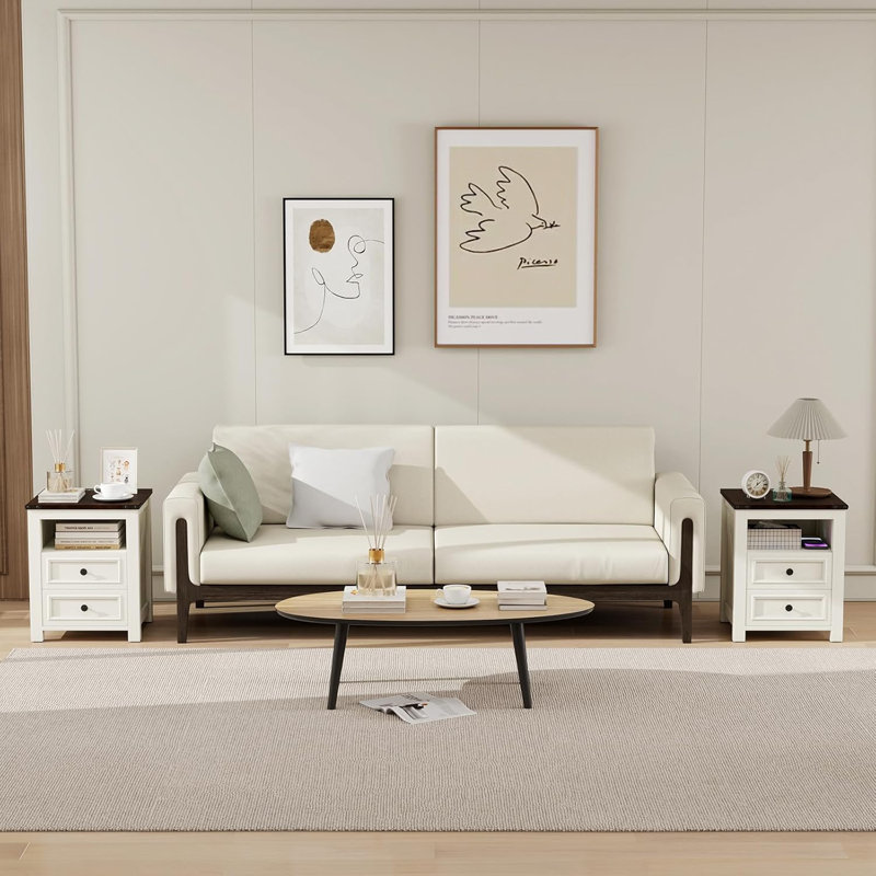 Farmhouse Nightstand with Charging Station & 2 Drawers - Modern Wood Bedside Table & End Table with Open Shelf for Bedroom, Living Room