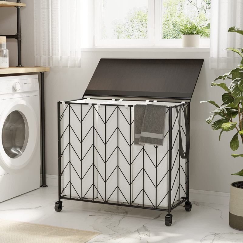 3-Section Laundry Hamper Sorter With Retractable Hanging Rod & Storage Shelf - 65.3" Clothes Drying Rack With Lockable Wheels For Heavy Duty Laundry Room Organization