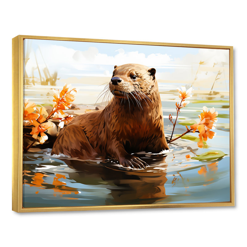 Watercolor Stream Beaver Serenity II - Beaver, art mural, Cadre flottant doré, H 30 po x l 40 po x P 1,5 po