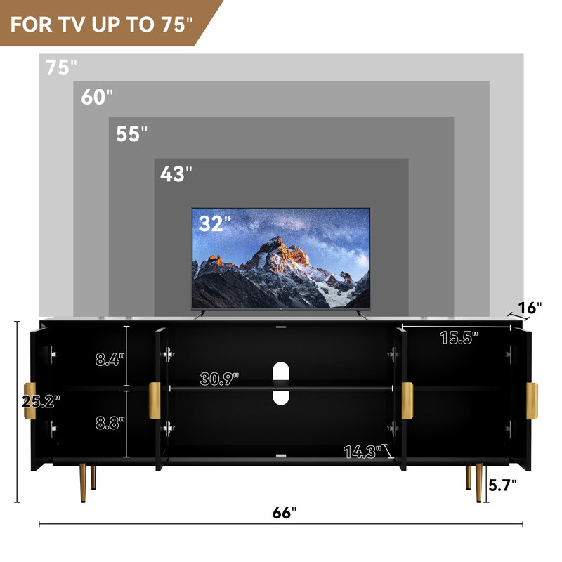 Meuble télé 66 po, meuble télé pour téléviseur de 75 po ou moins, meuble audio-vidéo avec rangement pour le salon, Noir