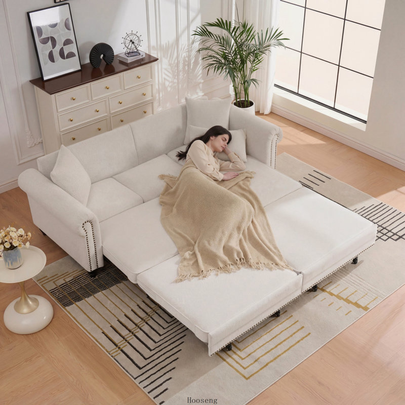 Canapé-lit gigogne 3 en 1 de 218 cm (86 pouces) avec garniture cloutée et accoudoirs arrondis, chenille beige, Chenille beige