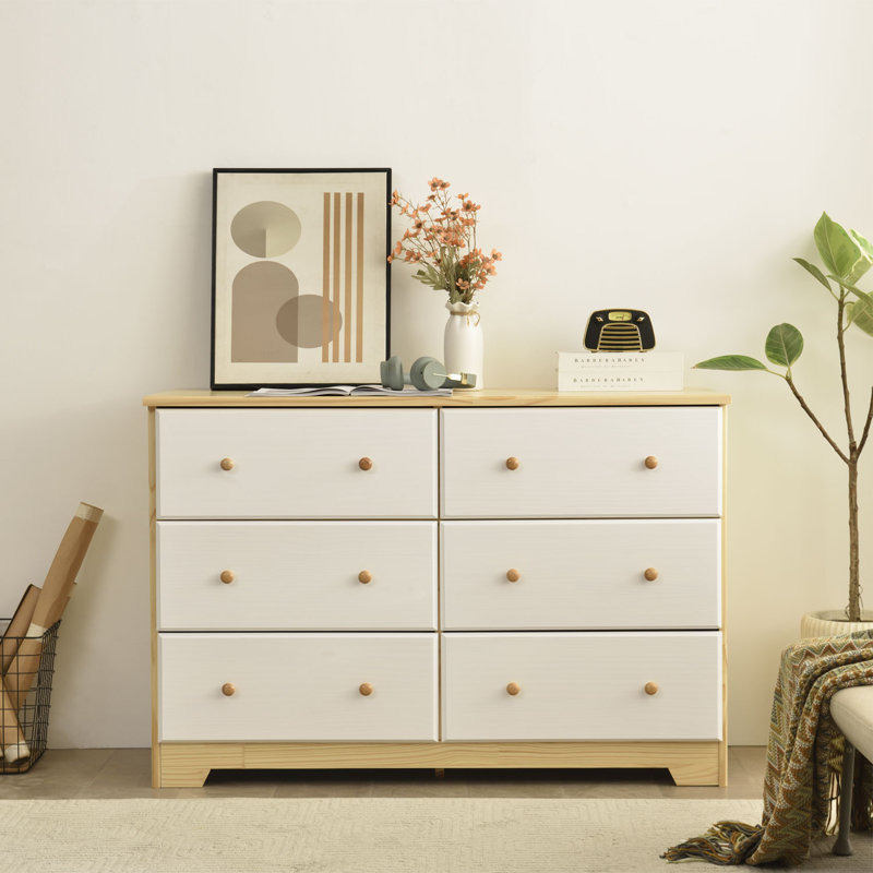 Commode double 6 tiroirs Isabela, Naturel / blanc
