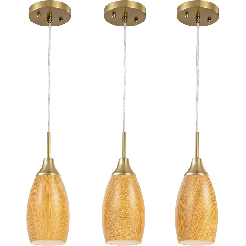 3-pack Walnut Wood Mini Glass Pendant Light