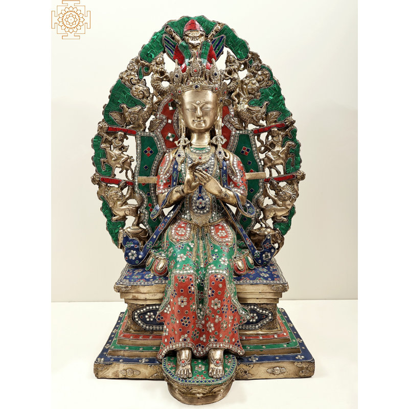 Statue de 27 po en laiton avec incrustation de pierres précieuses - Bouddha Maitreya 27 po