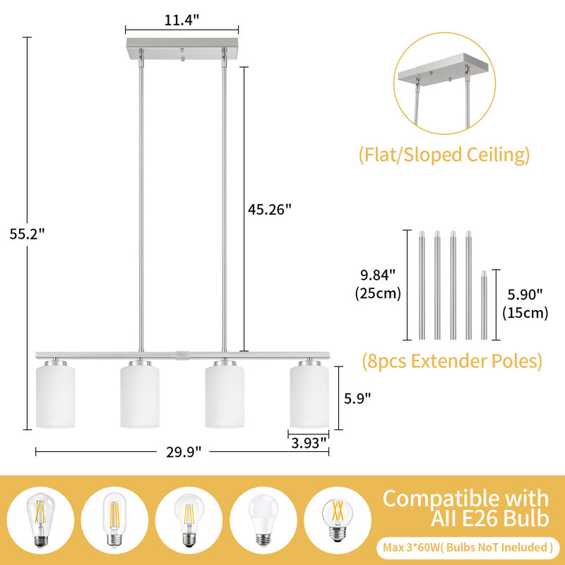 Luminaire suspendu pour îlot de cuisine 4 lumières Volha, Nickel