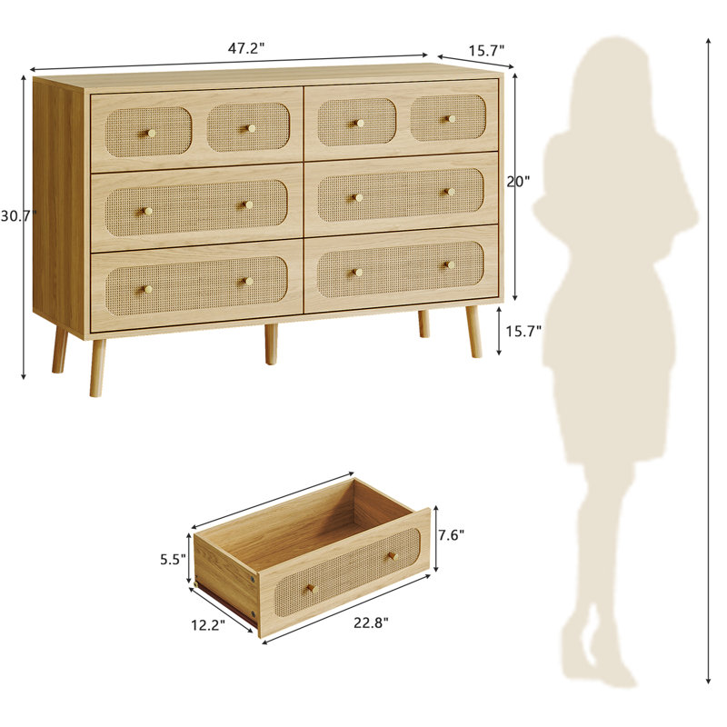 Commode à 6 tiroirs, commode pour chambre en rotin