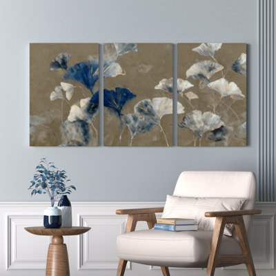 Abstract Floral Blue And White Canvas Wrapped Wall Art Oil Painting Print Set Of 3 For Living Room Bedroom Home Decor