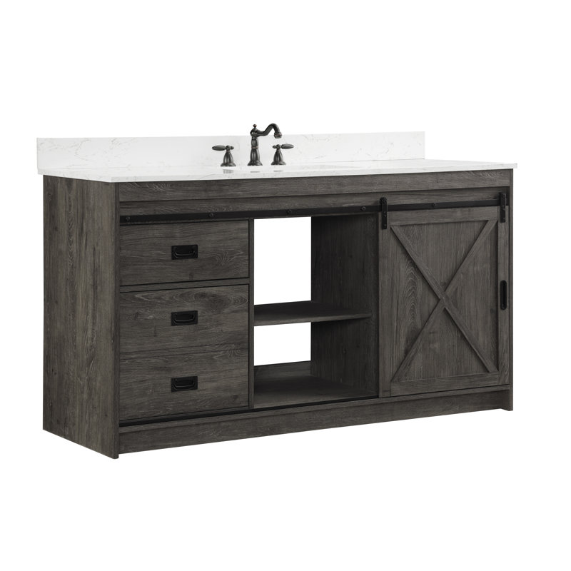 Jillian 60'' Single Bathroom Vanity with Engineered Stone Top, Charcoal Gray/Matt Black